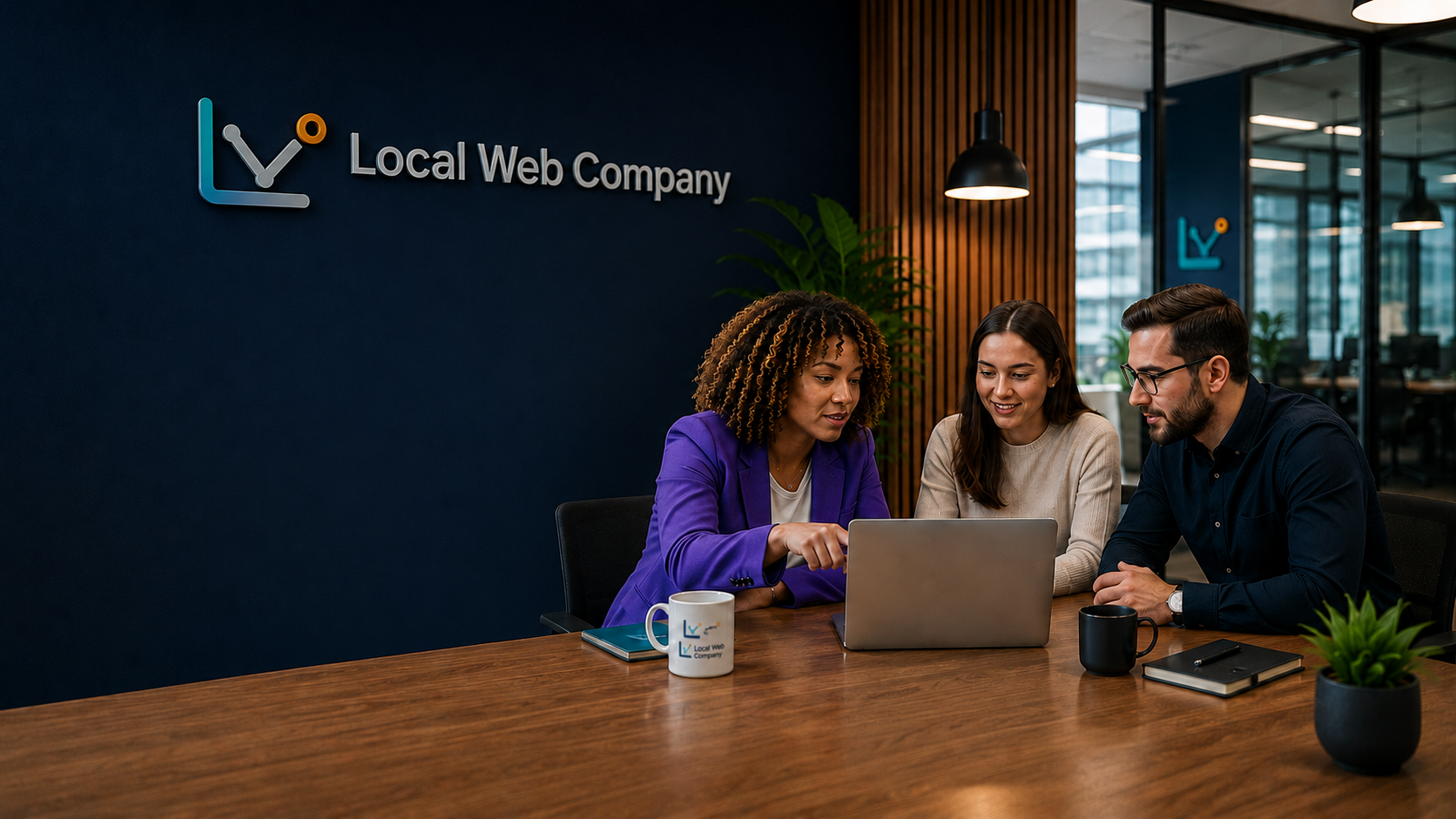 Local Web Company team collaborating around a laptop in the office